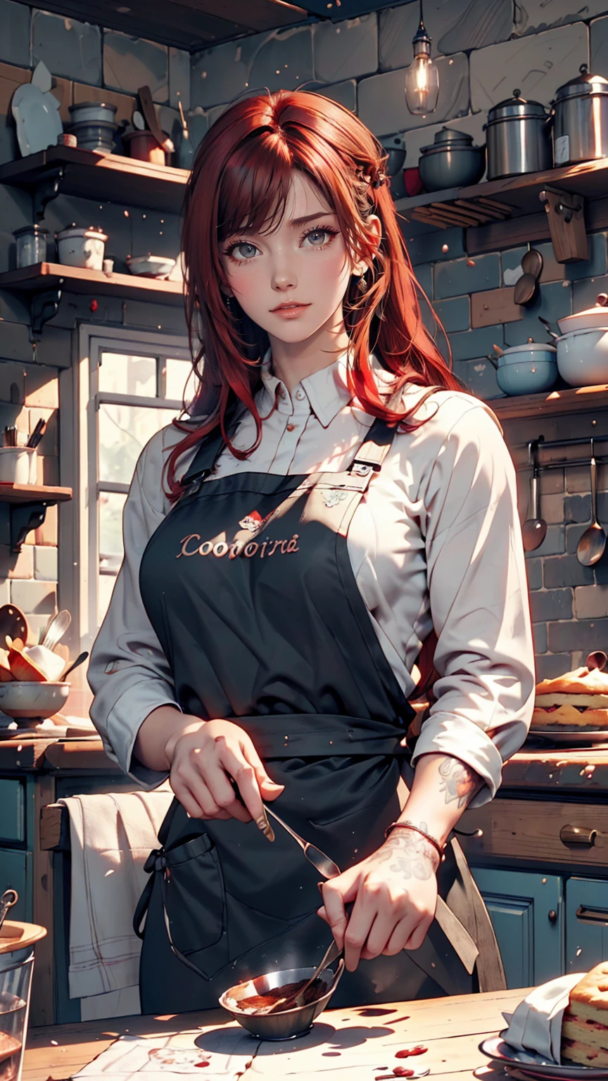 Women with tattoos, (([red|black] hair)), long hair, wearing a black apron,  cooking, Displaying the viewer, kitchen, Cakes and pies in the background,  indoor, (Calm tone:1.0), (High resolution:1.25), (Art Station:1.2), dramatic, (Intricate details:1.14), (hyper realistic 3 d render:1.16), (movie:0.55), (Rutkowski:1.1), (Faded:1.3)