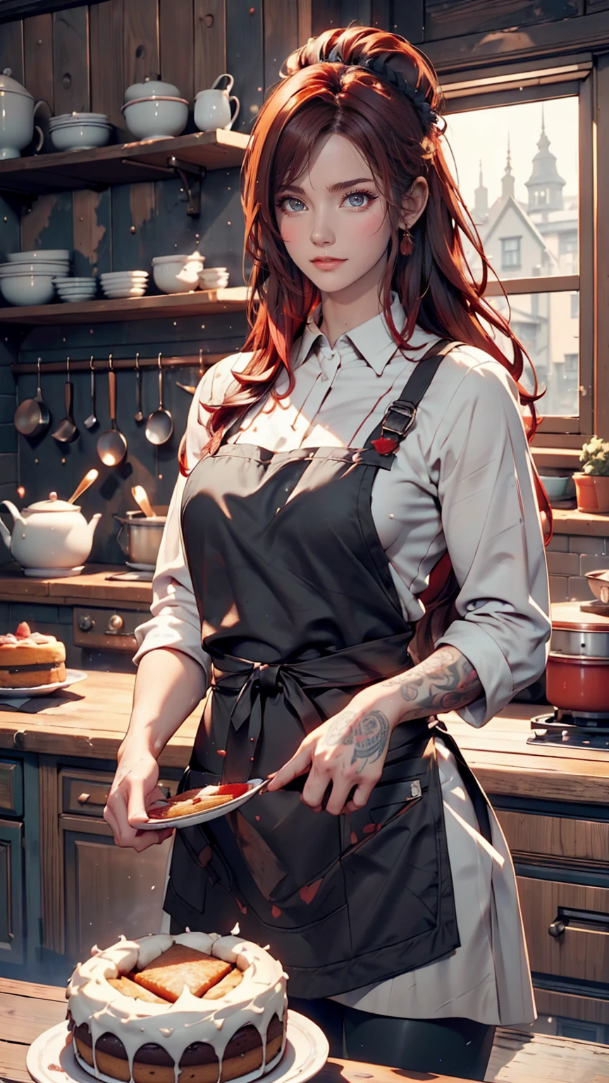 Women with tattoos, (([red|black] hair)), long hair, wearing a black apron,  cooking, Displaying the viewer, kitchen, Cakes and pies in the background,  indoor, (Calm tone:1.0), (High resolution:1.25), (Art Station:1.2), dramatic, (Intricate details:1.14), (hyper realistic 3 d render:1.16), (movie:0.55), (Rutkowski:1.1), (Faded:1.3)