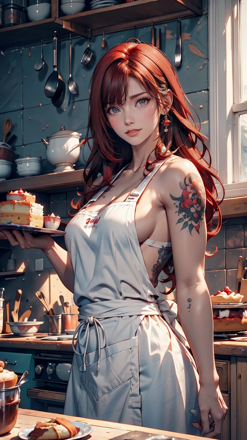 Women with tattoos, (([red|black] hair)), long hair, wearing a black apron,  cooking, Displaying the viewer, kitchen, Cakes and pies in the background,  indoor, (Calm tone:1.0), (High resolution:1.25), (Art Station:1.2), dramatic, (Intricate details:1.14), (hyper realistic 3 d render:1.16), (movie:0.55), (Rutkowski:1.1), (Faded:1.3)