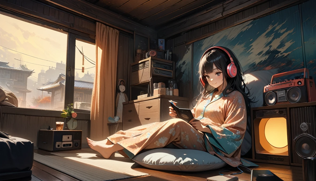 ((8k of extremely detailed CG unit, Masterpiece, high resolution, highest quality, highest quality real texture skin)), (((Japanese patterned pajamas))), (((Cute room))), (((Japanese style headphones))), (((iced coffee))), (((Smiling and listening to music))), ((1 girl)), (Black hair, messy hair, beige skin), (Surreal, digital painting), (((Warm lighting))), (((Dimly lit room))), (((Boombox)))