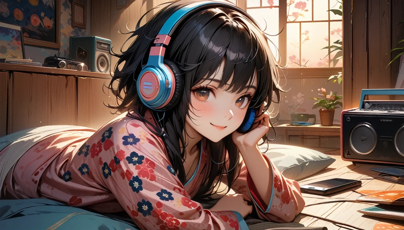 ((8k of extremely detailed CG unit, Masterpiece, high resolution, highest quality, highest quality real texture skin)), (((Japanese patterned pajamas))), (((Cute room))), (((Japanese style headphones))), (((iced coffee))), (((Smiling and listening to music))), ((1 girl)), (Black hair, messy hair, beige skin), (Surreal, digital painting), (((Warm lighting))), (((Dimly lit room))), (((Boombox)))
