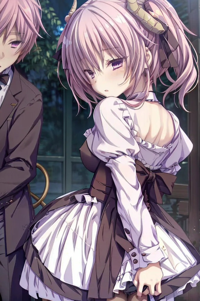 nsfw,((one man and one woman,having sex)),on stomach,from behind,linnie, bangs, (purple eyes:1.1), twintails, hair ribbon, pink hair, horns, black ribbon, demon horns,long sleeves, dress, ribbon, frills, puffy sleeves, black ribbon, juliet sleeves,Highest image quality,masterpiece