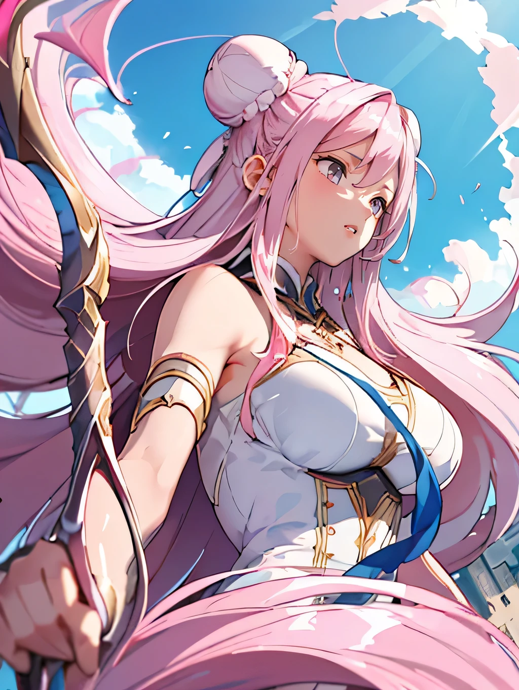 (((Destroyed city))), (((A giant goddess 100 meters high floats))), (((Light radiates from the entire body))), (((Lost Students, The Last Judgment, Blue Flame))), arms,(((Aerial angle from below))), Braiding, (((Hello, Giant Staff of God))),masterpiece, Highest quality, High resolution, {Detailed and beautiful eyes}, finely,  Detailed and beautiful eyes,1 Girl, (alone:1.5),  (Hair Ribbon:0.4),(((Pink Eyes))),Cinematic Angles,perspective,(((White bun hair))),(((Long pink hair))),whole body,