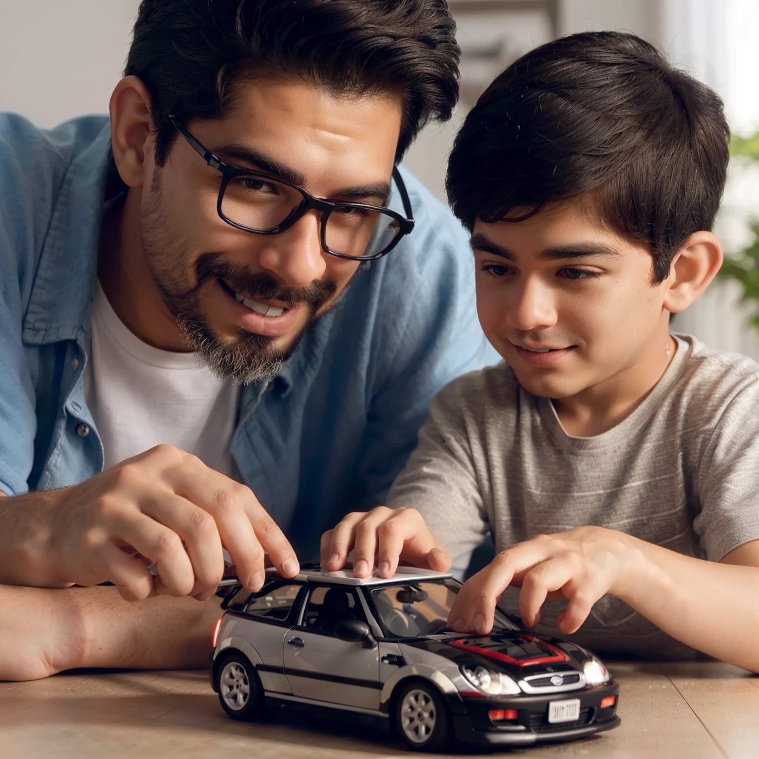 arafed man and a boy playing with a toy car, foto comercial de juguete, preciso y detallado, foto publicitaria, mini model, padre con , scale model photography, Next Generation, Hyper realistic, Hyper realistic, Anuncio de juguetes, artistic interpretation, Sugerente, detalle poderoso, product introduction photo, interesting angle, arte mixto, model, escena poderosa