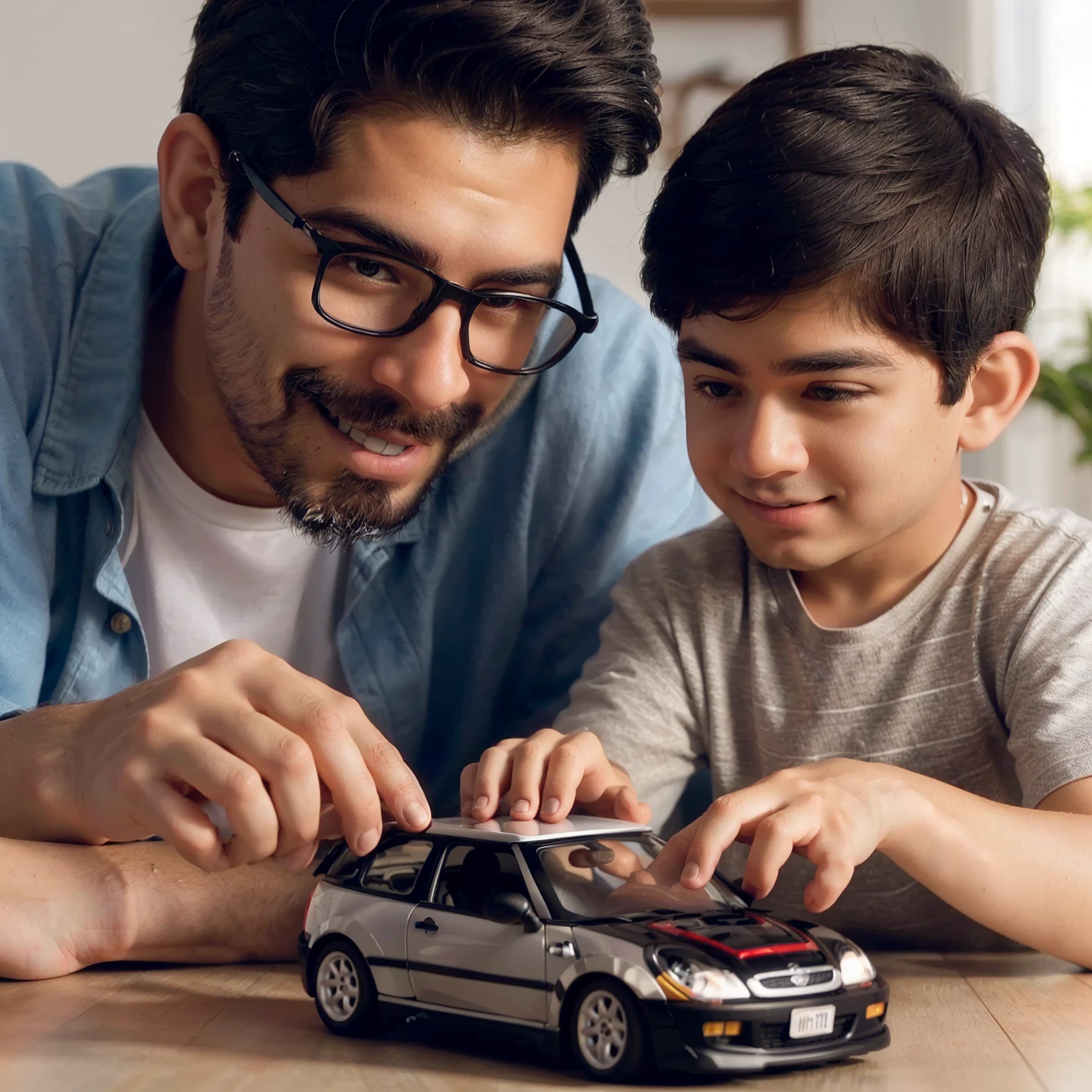 arafed man and a boy playing with a toy car, foto comercial de juguete, preciso y detallado, foto publicitaria, mini model, padre con , scale model photography, Next Generation, Hyper realistic, Hyper realistic, Anuncio de juguetes, artistic interpretation, Sugerente, detalle poderoso, product introduction photo, interesting angle, arte mixto, model, escena poderosa