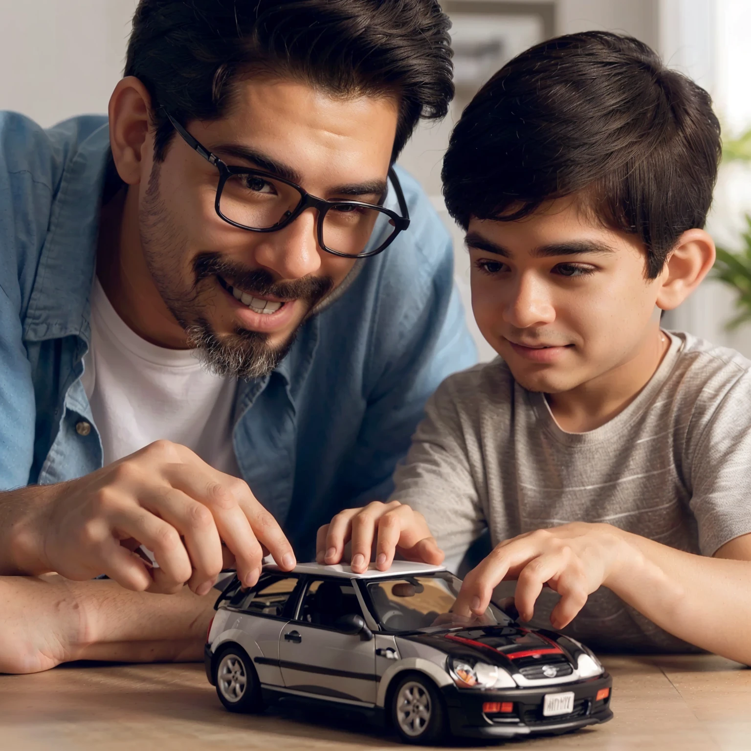 arafed man and a boy playing with a toy car, foto comercial de juguete, preciso y detallado, foto publicitaria, mini model, padre con , scale model photography, Next Generation, Hyper realistic, Hyper realistic, Anuncio de juguetes, artistic interpretation, Sugerente, detalle poderoso, product introduction photo, interesting angle, arte mixto, model, escena poderosa