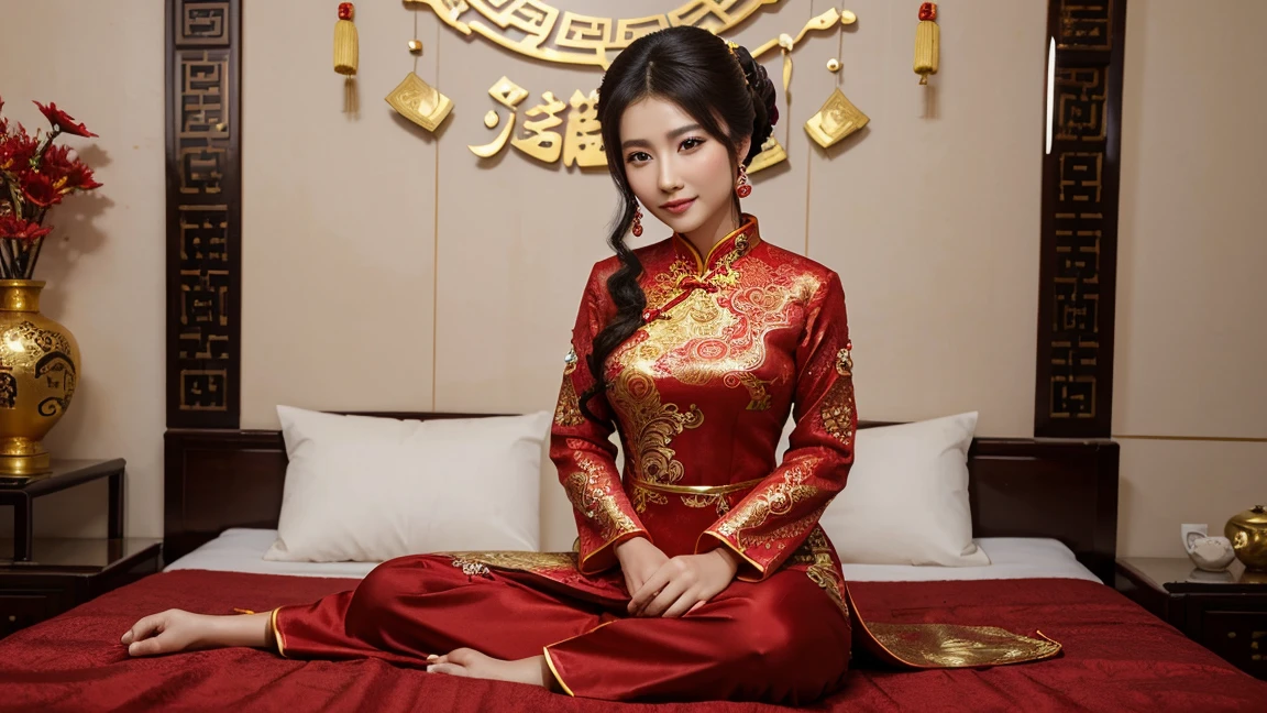 (Best quality, Tafah: 1.2), painting, Charming woman wearing red cheongsam, Chinese dress, Traditional Chinese clothing, bridal painting style, He wears an ornate outfit, He sits elegantly on the bed, Luxurious red and gold outfit, The design of the cheongsam is intricate, Gold Accessories, Traditional Chinese aesthetics, Chinese culture, Great details: 1.5.