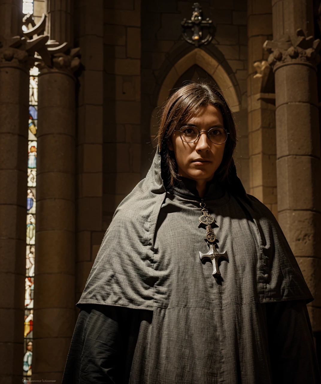 lentes de ojo de pez, Portrait photo of a medieval knight standing inside a gothic church., piedra mojada, charcos, infinite vaults, transmitido por la sangre, dramatic light, Clave baja, luz de las velas