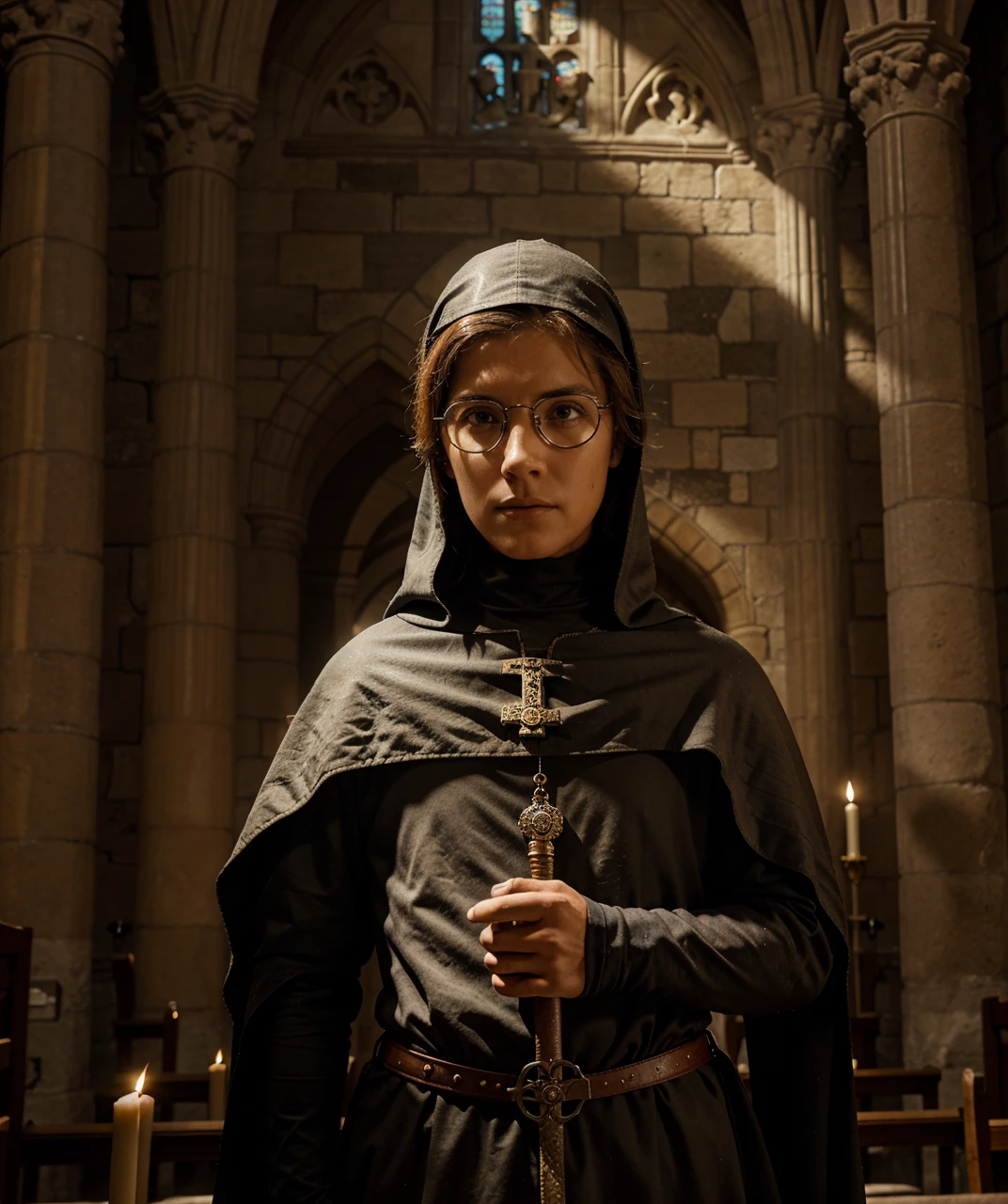 lentes de ojo de pez, Portrait photo of a medieval knight standing inside a gothic church., piedra mojada, charcos, infinite vaults, transmitido por la sangre, dramatic light, Clave baja, luz de las velas
