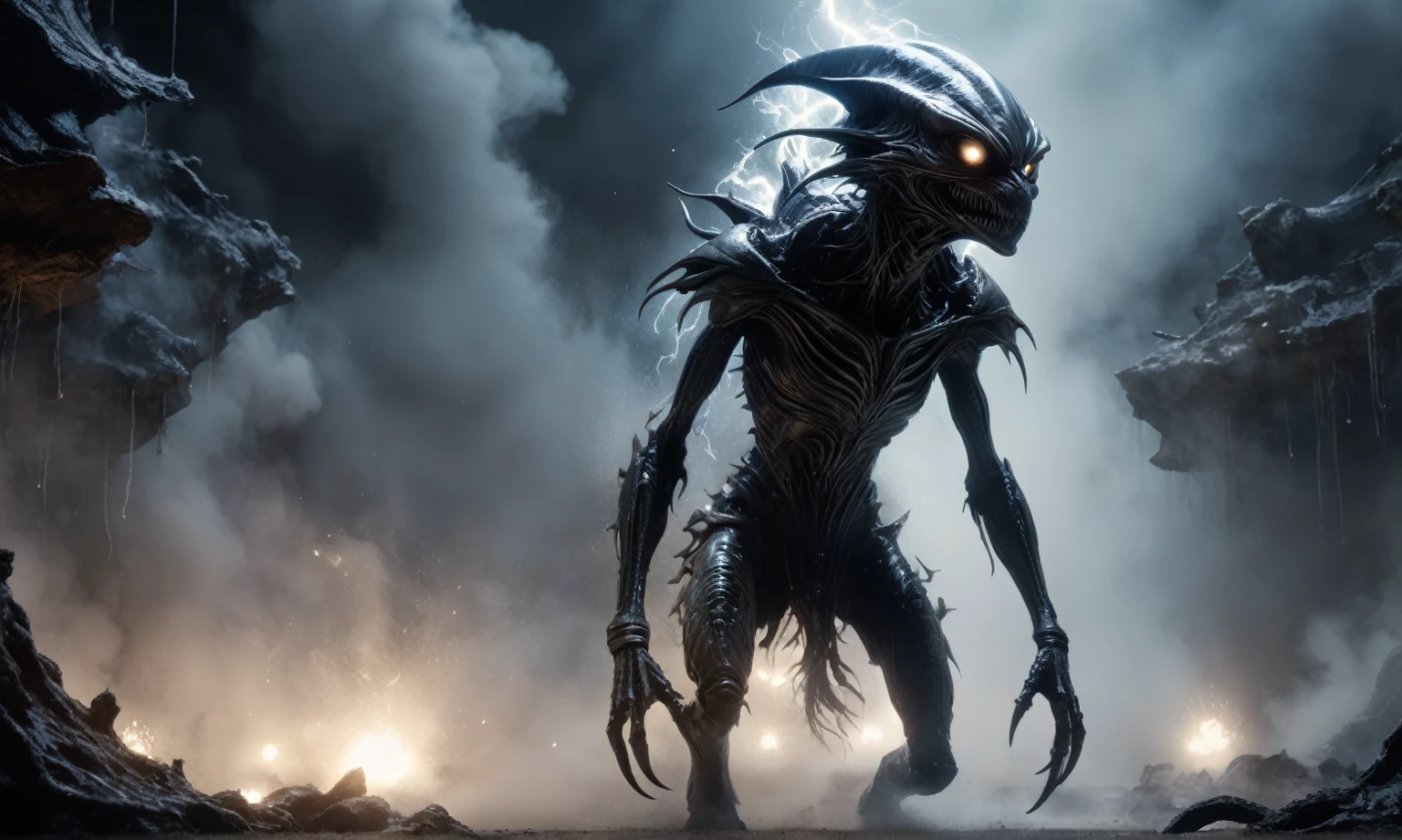 full body length,niobium hobgoblin,native africa xenomorph,once pretty face,eyebrow up,full body shot,ominous landscape,niobium gray atmosphere,photo,photorealism,Masterpiece,natural skin textures, hyper realism,hyper detailed,High contrast,Realism,Ultra Detailed,irina yermolova,close full body shot,32K resolution,Nikon Z9, ,demonic, dust, smoke, audience, mist, featuring ultra-realistic and hyper-realistic elements,
  Marta Bevacqua, Ellen Jewett, Kawacy, Katsuya Terada, Carne Griffiths, explosive lightning, concert lighting,  bokeh,  luminal space that feels
 both bright and surreal. Includes liquid fluid elements for added depth and movement. Rendered in an unreal 
engine and post-processed to achieve . Evokes a sense of dreamy, ethereal 
and mystical mood,horror pixar movie still,thriller disney movie ,pixar render, animated 