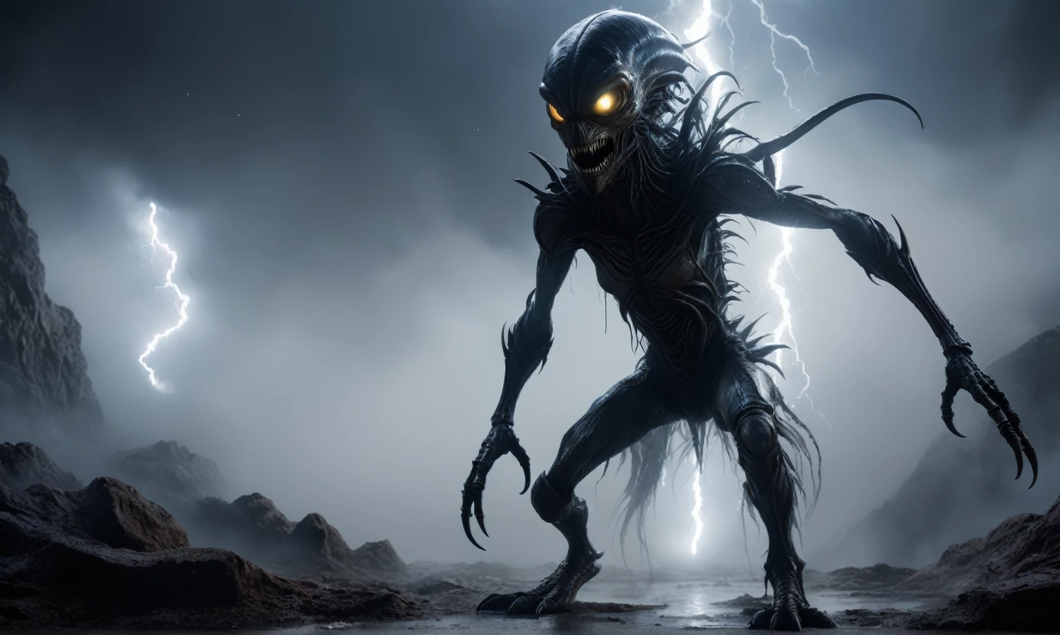 full body length,niobium hobgoblin,native africa xenomorph,once pretty face,eyebrow up,full body shot,ominous landscape,niobium gray atmosphere,photo,photorealism,Masterpiece,natural skin textures, hyper realism,hyper detailed,High contrast,Realism,Ultra Detailed,irina yermolova,close full body shot,32K resolution,Nikon Z9, ,demonic, dust, smoke, audience, mist, featuring ultra-realistic and hyper-realistic elements,
  Marta Bevacqua, Ellen Jewett, Kawacy, Katsuya Terada, Carne Griffiths, explosive lightning, concert lighting,  bokeh,  luminal space that feels
 both bright and surreal. Includes liquid fluid elements for added depth and movement. Rendered in an unreal 
engine and post-processed to achieve . Evokes a sense of dreamy, ethereal 
and mystical mood,horror pixar movie still,thriller disney movie ,pixar render, animated 