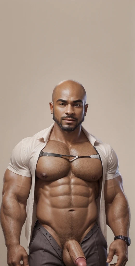1boy, African American, solo, facial hair,34 yrs old, dom, male focus, flaccid penis, bald head, pectorals, bara, muscular, mature male, muscular male, abs, beard, ring nipples, chest harness, short hair, navel, stomach, large pectorals, thick eyebrows, bare pectorals, dark-skinned male, erection, thighs, erection under clothes, fancy suit, dark skin, tie, open shirt, jacket, grey business suit, pectoral cleavage, cowboy shot, cop agent uniform, feet out of frame, thick thighs, looking at viewer, masterpiece, 4k, high quality, highres, absurdres,