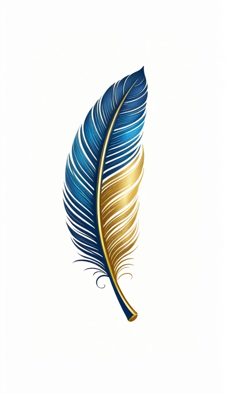 Create a flat vector, illustrative-style wordmark logo design for a storytelling and musical brand named 'Penamemoria'. The 'P' in 'Penamemoria' is transformed into a stylized feather, suggesting the brand's inspiration from fantasy birds. Use shades of blue and gold, evoking the imaginary and golden memories against a white background. Do not show any realistic photo detail shading. Include a boy playing acoustic guitar