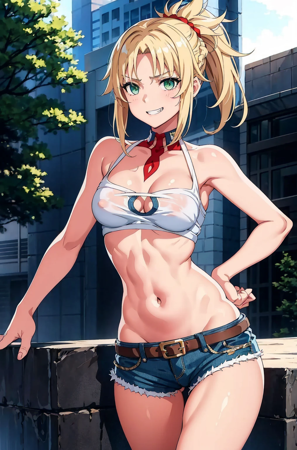 masterpiece, Highest quality, figure, City Street, One girl, Mordred \(destiny\), Cowboy Shot, clavicle, Detailed blonde hair ponytail braid, Green Eyes, White short blouse, Denim shorts,belly button,Up to the thighs,Grin, Covered_Pussy,skin,Beautiful legs,Beautiful Hands,Lift your legs,