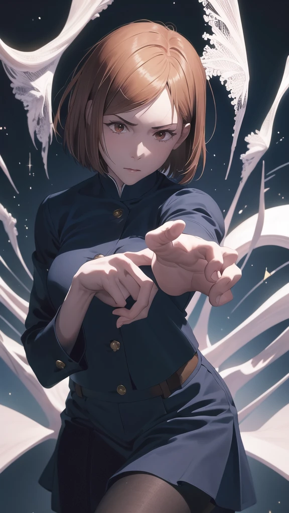 (masterpiece, Highest quality:1.2), Cowboy Shot, alone, One girl, kugisaki nobara, Expressionless, Mouth closed, View your viewers, put your hands in your hair, , Black jacket, skirt, pantyhose ,
break masterpiece ,8k unity wallpaper,anime key visual,highest quality, High resolution, (shape:0.8),anime coloring,
highly detailed face, detailed eyes,growing eyes,shiny skin,fine skin,white skin,dense skin,detailed hair,highly detailed legs,
perfect lighting, Detailed CG,
(perfect hands, perfect anatomy),High resolution,
Break slender limbs, delicate curves, dainty hands,figure:0.8,