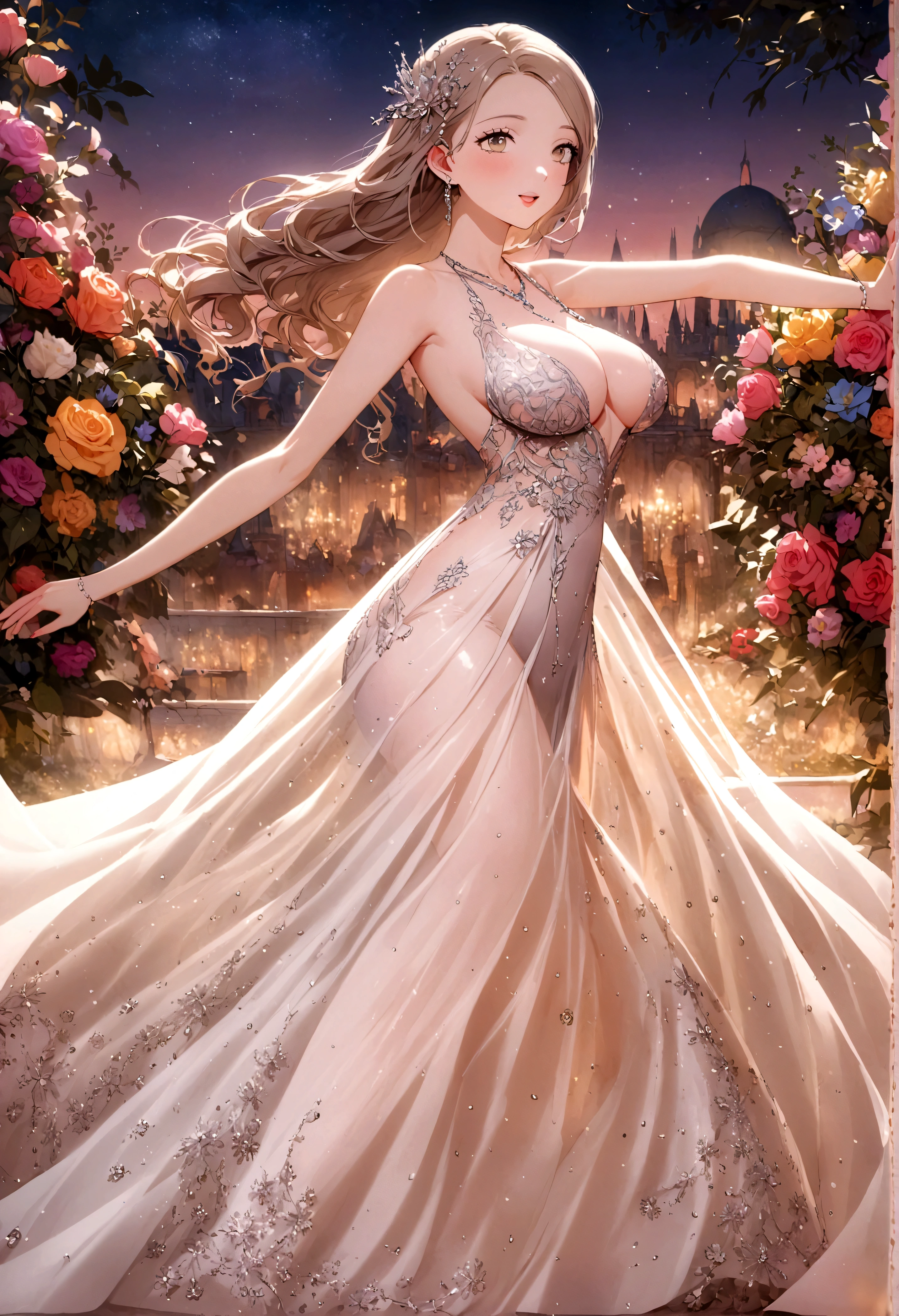 A lovely woman (sheer shimmering over exposed evening dress, safe for work), dancing and enjoying herself in a gala full of bright flowers, fairyland