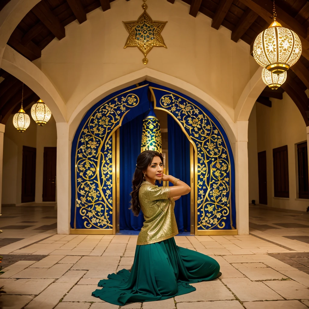 "Create a festive and vibrant image to wish my Muslim friends a joyful Eid al-Adha. The image should feature traditional elements such as a mosque with crescent moon and star, decorated lanterns, and a backdrop of a serene evening sky. Include images of people dressed in traditional attire, symbolizing unity and celebration. Add the message 'Eid Mubarak' in an elegant font at the center, with smaller text below saying 'Wishing you and your family a blessed Eid al-Adha filled with peace, joy, and prosperity.' The color scheme should include rich shades of gold, green, and blue to reflect the festive spirit."
