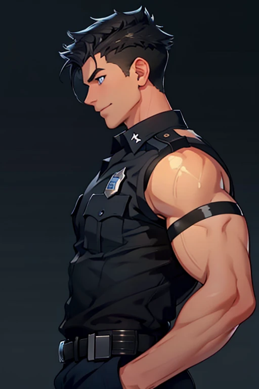 a handsome police officer with blue eyes, short black hair, happy, sexy pose, no background, side view