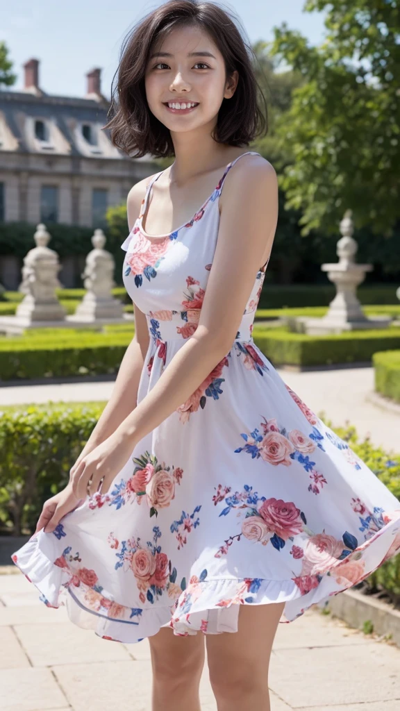 masterpiece, highest quality, disorganized, perfect anatomy, 1 girl, alone, pascal tales, short hair, beautiful, Hilarious, sunny day, botanical garden, Summer winds, sundress, Floral, wavy hair, smile