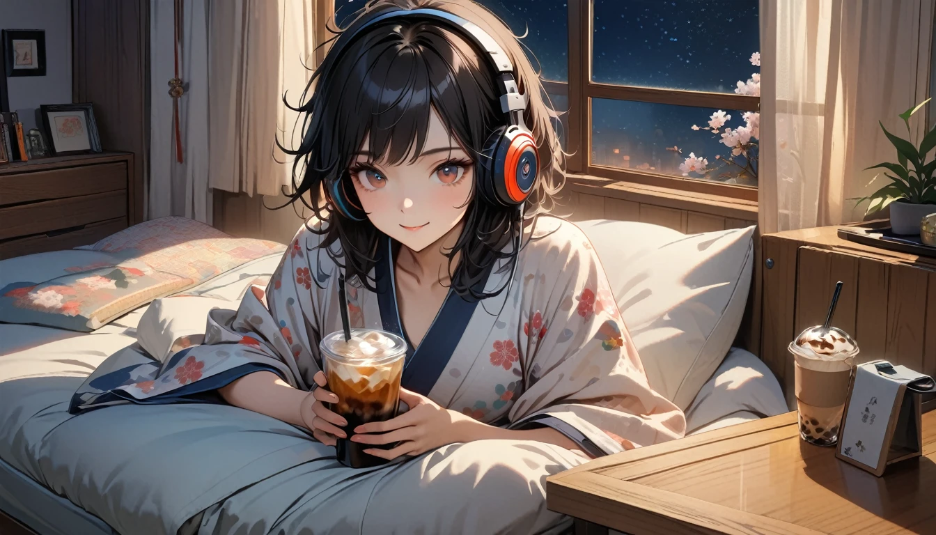 ((8k of extremely detailed CG unit, Masterpiece, high resolution, highest quality, highest quality real texture skin)), (((Japanese patterned pajamas))), (((Cute room))), (((Japanese style headphones))), (((iced coffee))), (((Smiling and listening to music))), ((1 girl)), (Black hair, messy hair, beige skin), (Surreal, digital painting), (((Warm lighting))), (((Night sky from large windows)))