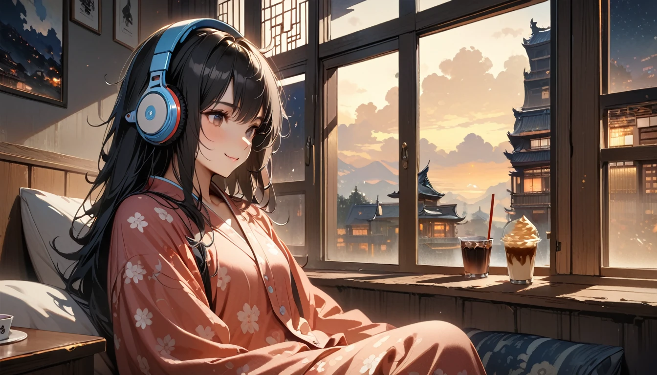 ((8k of extremely detailed CG unit, Masterpiece, high resolution, highest quality, highest quality real texture skin)), (((Japanese patterned pajamas))), (((Cute room))), (((Japanese style headphones))), (((iced coffee))), (((Smiling and listening to music))), ((1 girl)), (Black hair, messy hair, beige skin), (Surreal, digital painting), (((Warm lighting))), (((Night sky from large windows)))