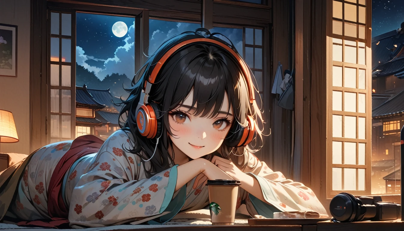 ((8k of extremely detailed CG unit, Masterpiece, high resolution, highest quality, highest quality real texture skin)), (((Japanese patterned pajamas))), (((Cute room))), (((Japanese style headphones))), (((iced coffee))), (((Smiling and listening to music))), ((1 girl)), (Black hair, messy hair, beige skin), (Surreal, digital painting), (((Warm lighting))), (((Night sky from large windows)))