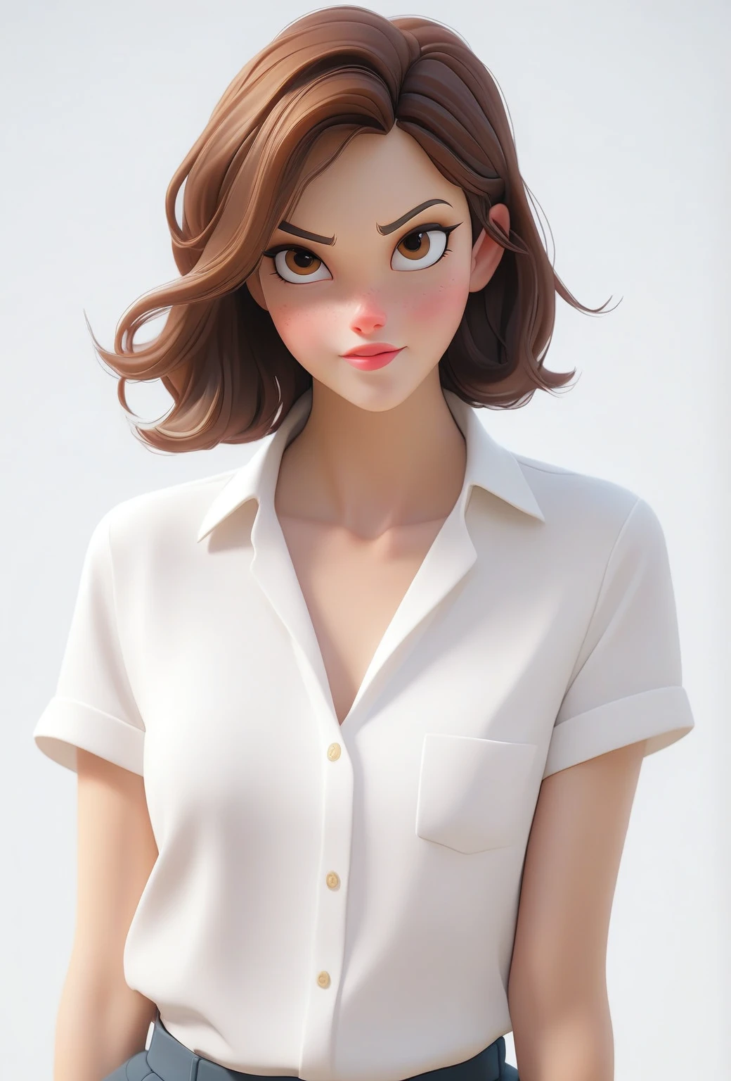 4k,Highly fine-grained,(迪士尼皮克斯3dCartoon风格:1.15),A short-haired girl in a white shirt,Cartoon,3d,HD,best quality,Smile,masterpiece,best quality,Perfect eyes