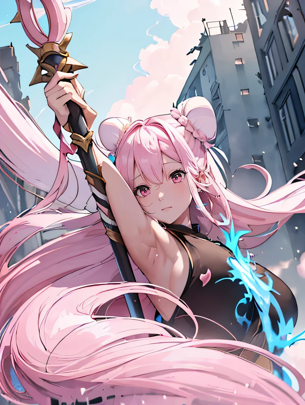 (((Destroyed city))), (((A giant goddess 100 meters high floats))), (((Light radiates from the entire body))), (((Lost Students, The Last Judgment, Blue Flame))), arms,(((Aerial angle from below))), Braiding, (((Hello, Giant Staff of God))),masterpiece, Highest quality, High resolution, {Detailed and beautiful eyes}, finely, Detailed and beautiful eyes,1 Girl, (alone:1.5), (Hair Ribbon:0.4),(((Pink Eyes))),Cinematic Angles,perspective,(((White bun hair))),(((Long pink hair))),whole body,