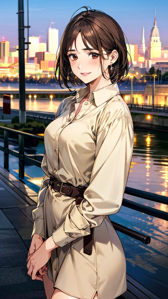 (masterpiece:1.3, Highest quality, Ultra-high resolution, Super detailed), (Realistic, photoRealistic:1.4), Beautiful illustrations, Perfect lighting, colorful, Depth of written boundary, Beautiful detailed hair, Beautifully detailed face, Beautiful fine details, Droopy eyes、Beautiful clavicle, Beautiful body, 美しいLarge Breasts, Beautiful thighs, Beautiful feet, Beautiful fingers, View Viewer、Front view:0.6, Beauty1人, Japanese, Beauty、30 years old, Perfect Face, (Perfect Anatomy, Anatomically correct), Cute and symmetrical face, , , Shiny skin, (with thin belt、Beige long sleeve A-line collared shirt dress:1.4) (Dark brown hair, Short Hair:1.4),braided bangs、 Dark brown eyes, Large Breasts, Slim body, necklace, Small earrings:1.1, (Beautiful views), (night), (city, cityscape in the distance), Riverside、bench、benchに座っている, A soft smile、(Smile, Lips parted),