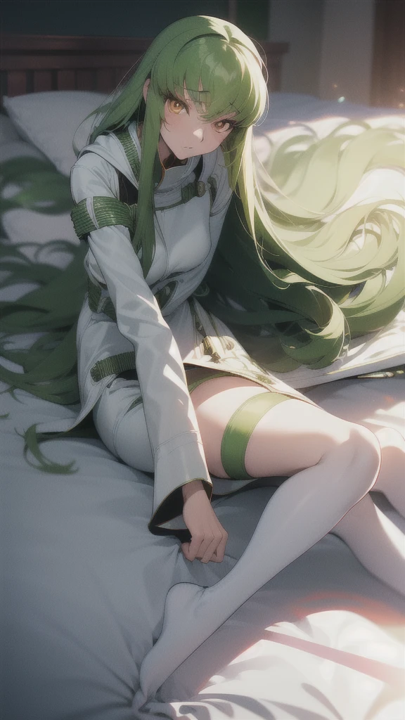 c.c., Expressionless, (Look at other people:1.1), (Lie in:1.2), On the floor, Focus Only, From above,
(masterpiece, Highest quality, Super detailed), (Beautifully detailed face, Beautiful attention to detail), Long sleeve, Put your hands into opposite sleeves,
Orange eyes, Green Hair, Very long hair, (White straitjacket:1.6), Black belt, The legs are off the frame,
mksks style, Beautiful background, (chromatic aberration, Lens flare, indoor, bedroom, bed sheet, bed, Particles of light, Holographic interface:1.2)