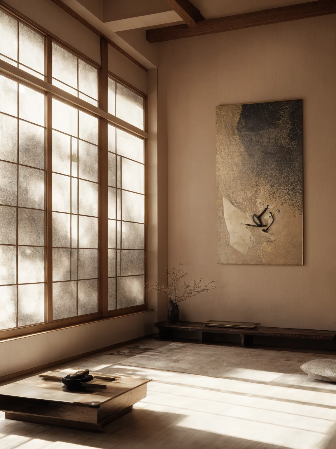 There is a room，There is a table and a window inside，There is a painting on it, Hashiguchi Goyo (Goyō Hashiguchi) of inspiration, Inspired by Mitsunobu Kano, Inspired by the Kanada Heart, japanese inspired, with japanese inspired, modern japanese living room, Inspired by Dongyang Sesshu, Japanese style
