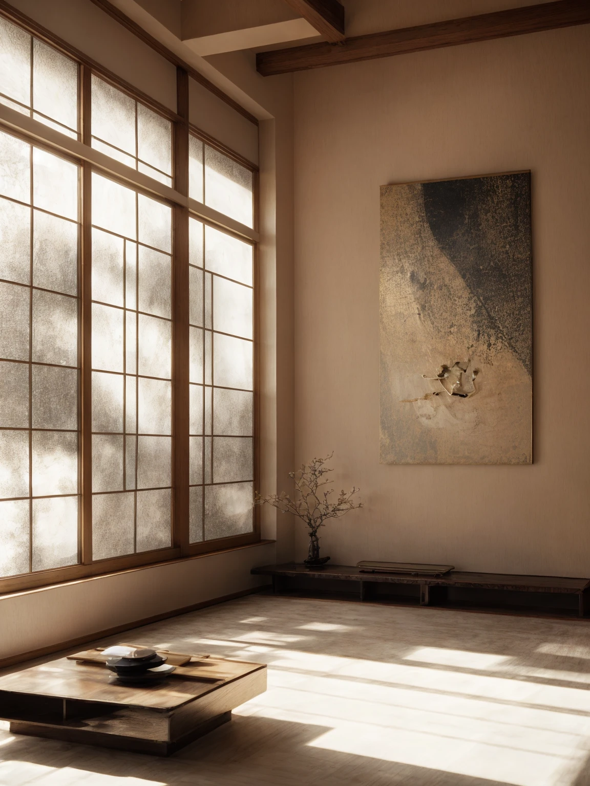 There is a room，There is a table and a window inside，There is a painting on it, Hashiguchi Goyo (Goyō Hashiguchi) of inspiration, Inspired by Mitsunobu Kano, Inspired by the Kanada Heart, japanese inspired, with japanese inspired, modern japanese living room, Inspired by Dongyang Sesshu, Japanese style