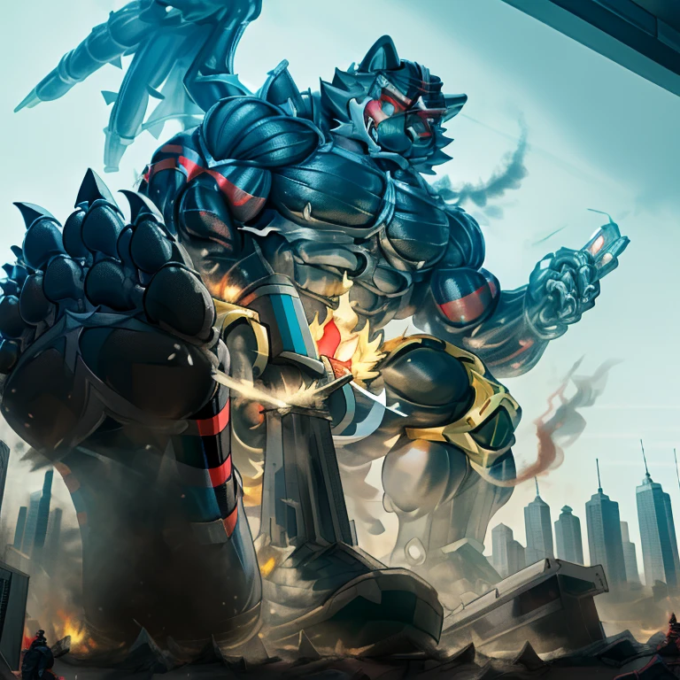 (masterpiece. official art. 8k. best quality. detailed full body. full body.)

(situation 1 : dominating Incineroar. Muscular Incineroar is trampling the CITY. macro. stomp. Low-angle perspective. emphasizing the immense size. The perspective is from below, emphasizing the sheer majesty and power of the Giant. giant art. He is much bigger than a skyscraper. Giga Giants. micro soccer field. looking down.)

(situation 2 :smoke and flames rising from the destruction in the city)

(Additional details 1: wearing a full-face helmet. helmet is jet black. The color of NANOSUIT is jet black. high-tech bio-mecha armor. real texture material. whole body shines like metal. Wearing cyberpunk mecha. emphasizes the muscles. suit fully made of metal. intricate armor. Robotic suit. NANOSUIT with the same design as Incineroar.).

(Additional details 2: (Detailed head. Detailed Body. Detailed abs. gigantic muscles. HYPER MUSCLES. Gigachad Muscular. big muscle. pecs. triceps. traps. unusually developed muscular body. body full of huge muscles. showing off muscles. pectorales enormes. Exaggeratedly huge muscles. huge muscles. long legs.).

(Additional details 3: nj5furry, Spread wings. It has wings. black have big wings. The claws are sharp. ).  (Incineroar has 5 toes.)