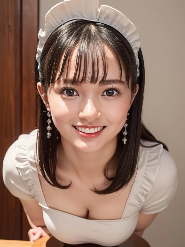 highest quality, masterpiece, Ultra-high resolution, realistic:1.3, solo:1.3, ((Clear Face)), cowboy shot, from front, leaning forward, (glowing skin), (looking at camera:1.3), (maid costume), standing in room, leaning forward, (medium busts:1.3), long hair, smile, soft brightness