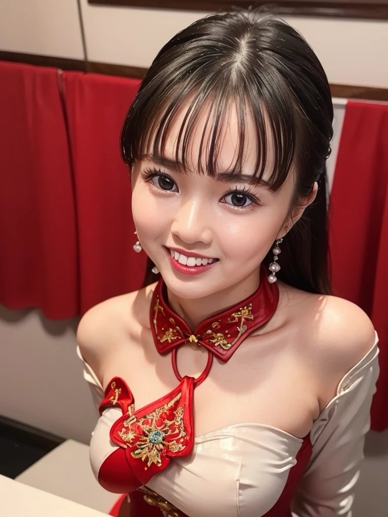 highest quality, masterpiece, Ultra-high resolution, realistic:1.3, solo:1.3, ((Clear Face)), cowboy shot, from front, leaning forward, (glowing skin), (looking at camera:1.3), (red Cheongsam), standing in room, leaning forward, (medium busts:1.3), long hair, smile, soft brightness