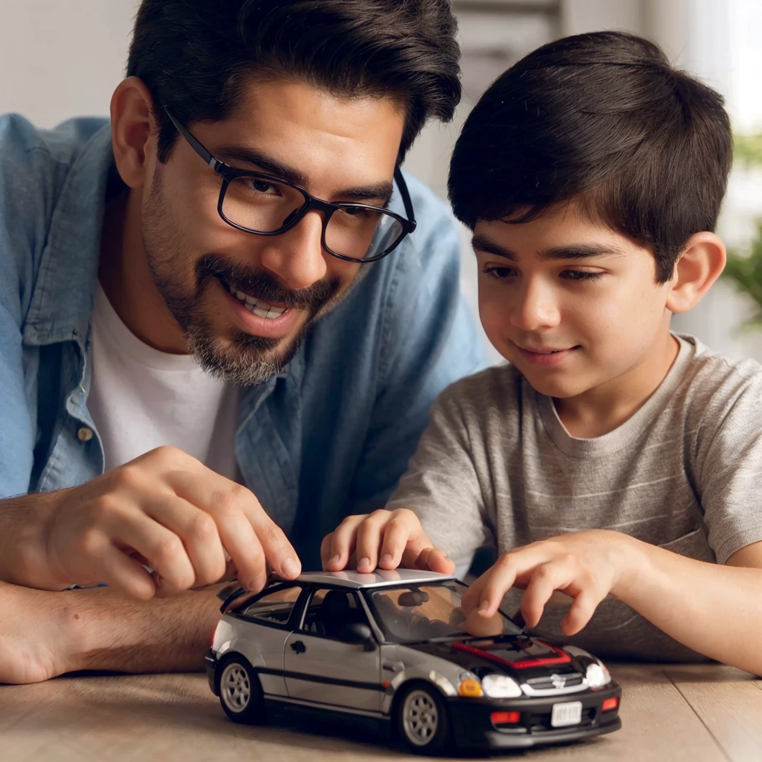arafed man and a boy playing with a toy car, foto comercial de juguete, preciso y detallado, foto publicitaria, mini model, padre con , scale model photography, Next Generation, Hyper realistic, Hyper realistic, Anuncio de juguetes, artistic interpretation, Sugerente, detalle poderoso, product introduction photo, interesting angle, arte mixto, model, escena poderosa