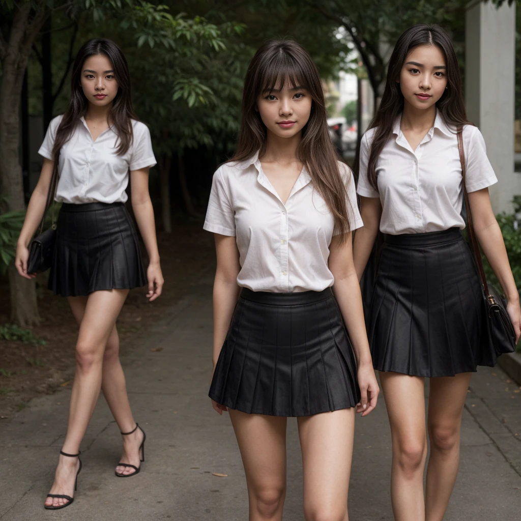 ((realistic)),(realistic shadow),((realistic skin texture)),multiple girls. 4 girls and friends. (asian Chinese beautiful face),((Chinese sexy face)),((Chinese very sexy model)),((masterpiece)), (detailed), perfect face, small breast. nipples. ((very sexy pose)),((sexy outfit)),((full body)),((very sexy long legs)),((beautiful legs)),((very sexy high heels)),((very hot young teen)),(tiny g-string),((nipple slip)),((small boob flash)),((tits slip)),(teasing pose),(horny smile),((very sexy emotional face)),((nipple slip)),small breast. ((show small tits)),((full stand models)),((very long long hair)),(looking at viewer),((carry luxury handbag)),((bangs hairstyles)),(black pleated skirt),((white shirt short sleeve)),((black pencil short skirt)),(black tight skirt),((Thai university uniform)),(random elegant pose). outdoor