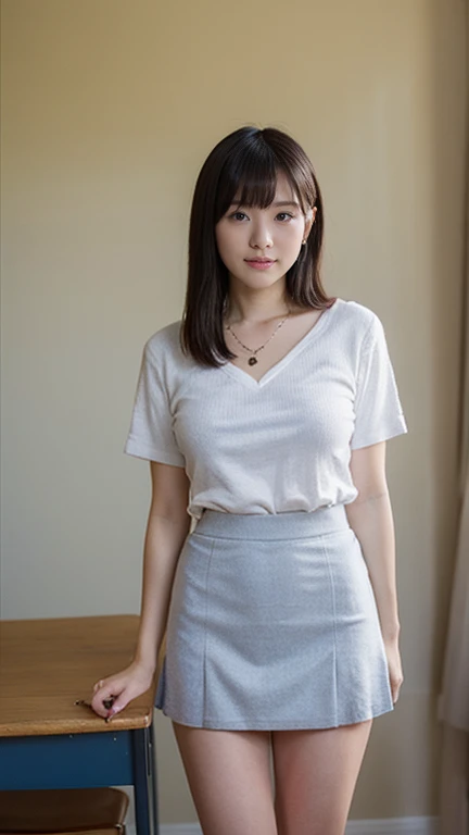 Feeling sluggish,(((8k、High resolution、highest quality、High resolution)))alone、Natural body shape、White skin、Natural Makeup、Black Hair、bangs、 Long Hair、(Big Breasts),Looking at the camera、Bedroom、(Business look), ((teacher)), White ribbed short sleeve V-neck, Formal blue tight skirt,mini skirt , necklace、((Full body photo))