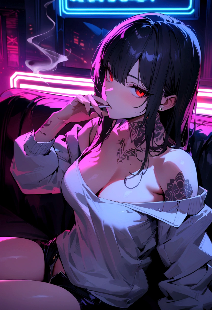((best quality)), ((masterpiece)), (detailed),(Cyberpunk) A Girl with Short Black hair and red eyes, Smoking, showing her tatto in her neck, Sitting on Sofa with neon light