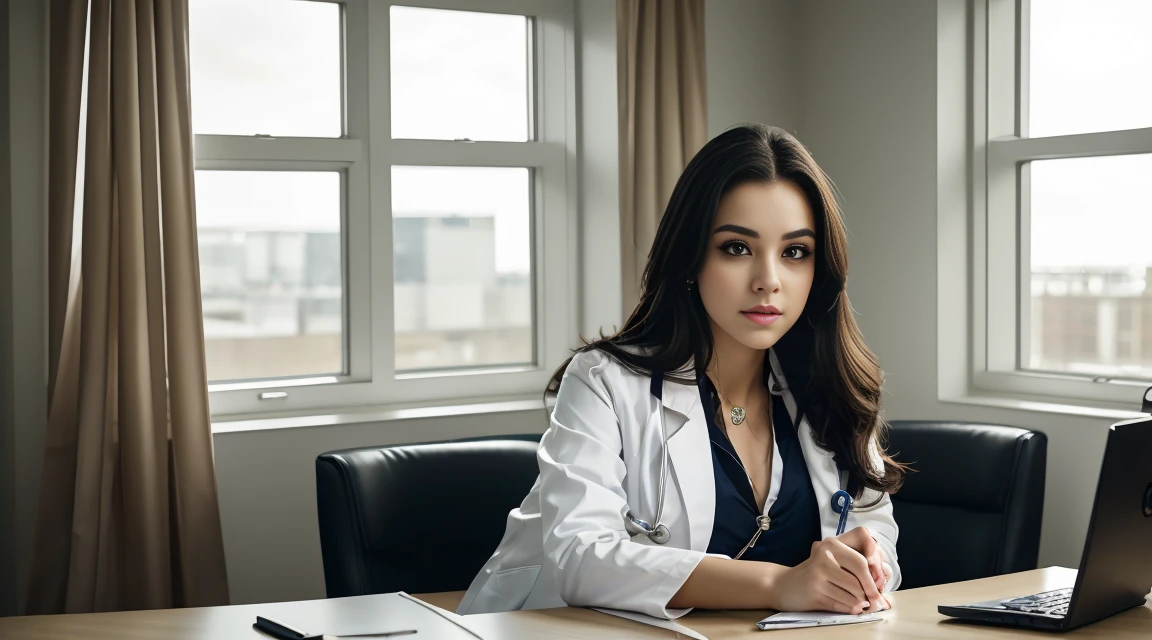 Beautiful female doctor in white coat, stethoscope around neck, full body, hospital examination white room, sitting cross-legged on office chair, thighs peeking out from white coat, black stockings, computer and keyboard on desk, (Excellent photograph, Best picture quality, High resolution: 1. 4), detail, extreme color, (Beautiful face) Ambient Soft Lighting, 4K, Bokeh, Background Blur, Depth of Field, Bokeh, Free Viewpoint, Photography, Attractive Young Woman, (Beautiful Face: 1.1), Narrow Eyes, Luscious Lips, (Smoky Eye Makeup: 0.85), (Moody Lighting: 1.2), Depth of Field, Bokeh, 4K, HDR.