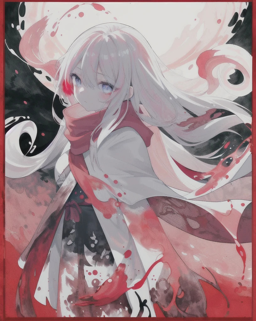 1 Girl,(蓝Long hair)),blue eyes,radish,Long hair,(loose Long hair),((White cape)),Pink scarf,Red moon in the sky,night,Red flowers fall,Upper Body,ruins,Strong shadows,Ash,fire,ice,((Ink wAsh painting)),((ink splAshing)),((color splAshing)),