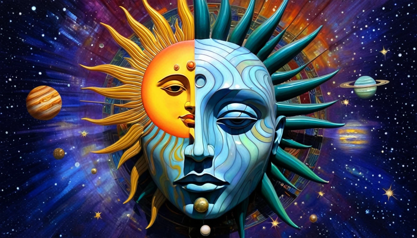 a painting of a man's face with a sun and planets in the background, spiritual imagination of duality, abstract surrealism masterpiece, collective consciousness, consciousness projection, visionary art style, rasing of consciousness, visionary art, distributed consciousness, dmt art, abstract surrealism, infinite consciousness, digital visionary art, meaining of physical reality, illusion surreal art