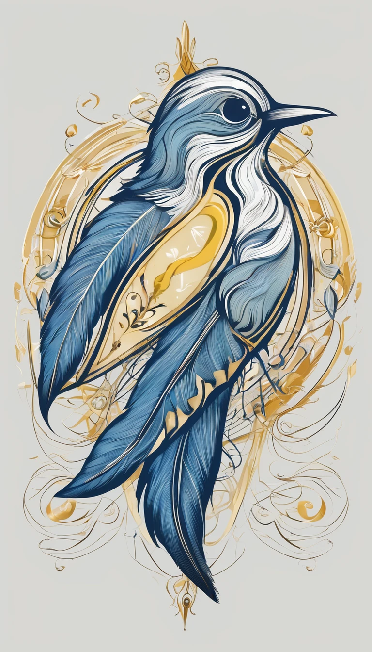 Design a symbolic emblem logo for a brand called 'Penamemoria'. The emblem is a feather and a bird with musical notes embedded within, symbolizing the brand's connection to both storytelling and music. Use the color combination of soft blue, white, and soft yellow to create a timeless and nostalgic look. The design works well against a white background. Do not show any realistic photo detail shading. Include a feather, a bird, a boy, an acoustic guitar