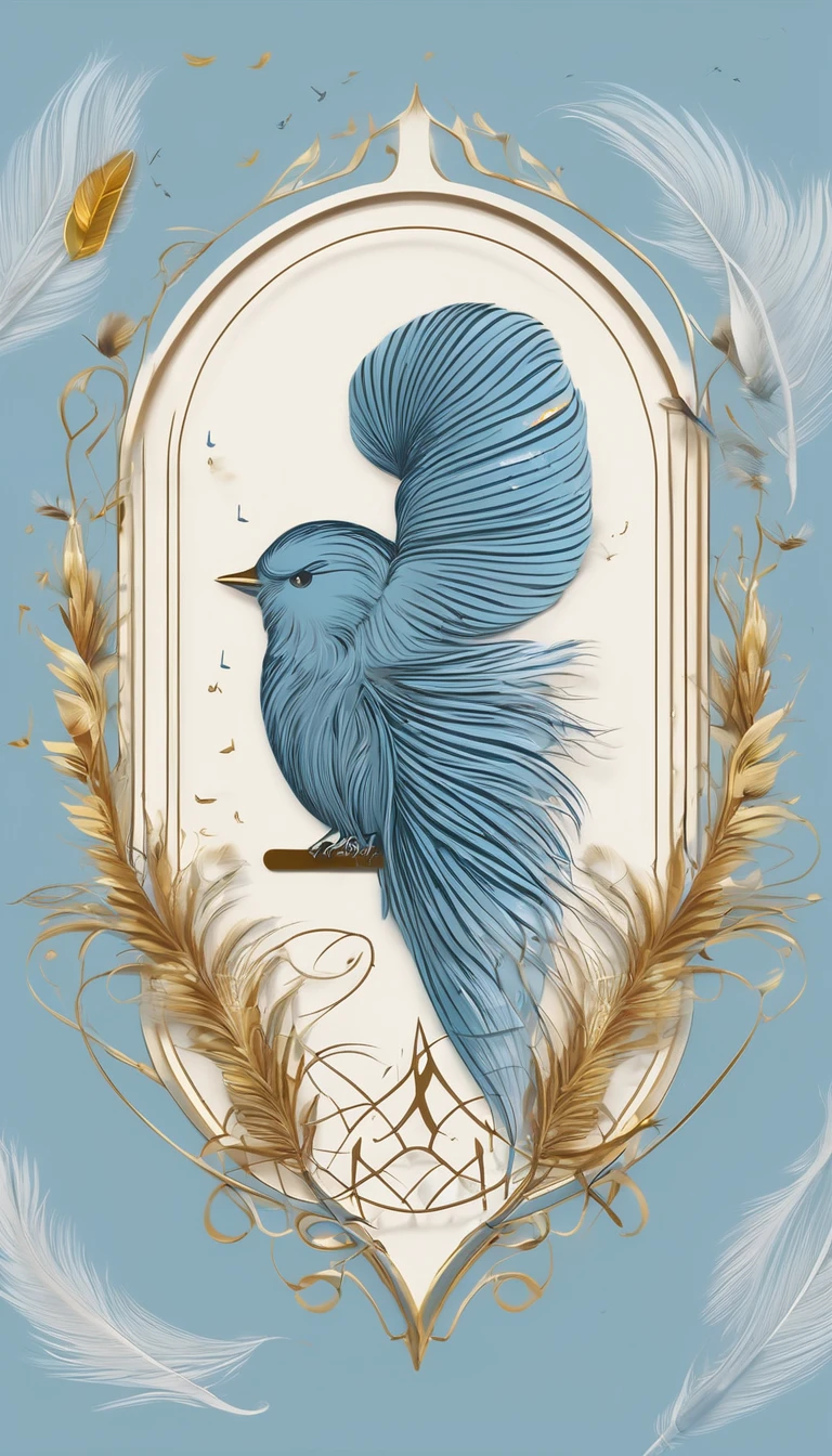 Design a symbolic emblem logo for a brand called 'Penamemoria'. The emblem is a feather and a bird with musical notes embedded within, symbolizing the brand's connection to both storytelling and music. Use the color combination of soft blue, white, and soft yellow to create a timeless and nostalgic look. The design works well against a white background. Do not show any realistic photo detail shading. Include a feather, a bird, a boy, an acoustic guitar