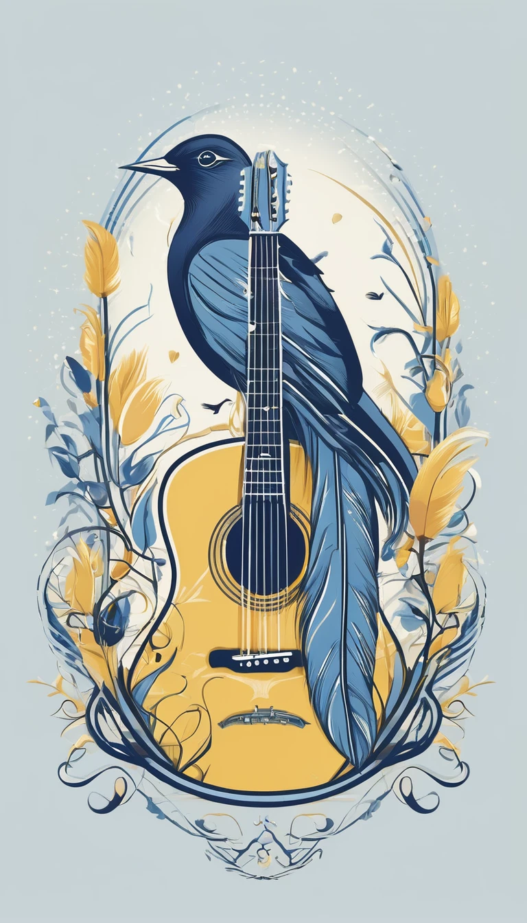 Design a symbolic emblem logo for a brand called 'Penamemoria'. The emblem is a feather and a bird with musical notes embedded within, symbolizing the brand's connection to both storytelling and music. Use the color combination of soft blue, white, and soft yellow to create a timeless and nostalgic look. The design works well against a white background. Do not show any realistic photo detail shading. Include a feather, a bird, a boy, an acoustic guitar