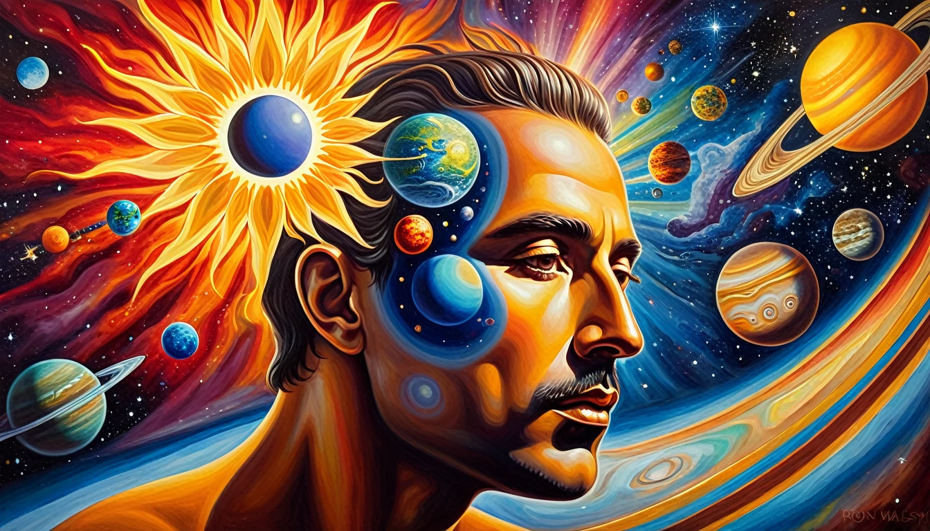 a painting of a man's face with a sun and planets in the background, a surrealist painting by Ron Walotsky, tumblr, psychedelic art, spiritual imagination of duality, abstract surrealism masterpiece, collective consciousness, consciousness projection, visionary art style, rasing of consciousness, visionary art, distributed consciousness, abstract surrealism, dmt art, infinite consciousness