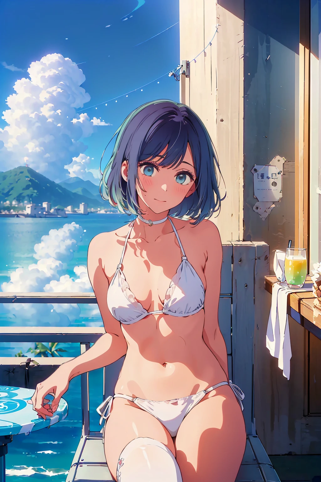 Highest quality,8k,detailed,F cup bust、Big Breasts、Slim and beautiful arms、Slim body、Very white beautiful skin、((((1 person、smile、Swimwear、smile、sit、Leaning back in a chair、In the background are the urban buildings of Tokyo、Outdoor café terrace、coastal、Navy hair color、juice、table、Cheek resting on hand、She is wearing a white side-string high-leg bikini、Very cute face))))、Sexy pose、Very blue sky、A completely cloudless sky、She tilted her head slightly、The atmosphere is bright and lively、The woman is at the center of the image。
