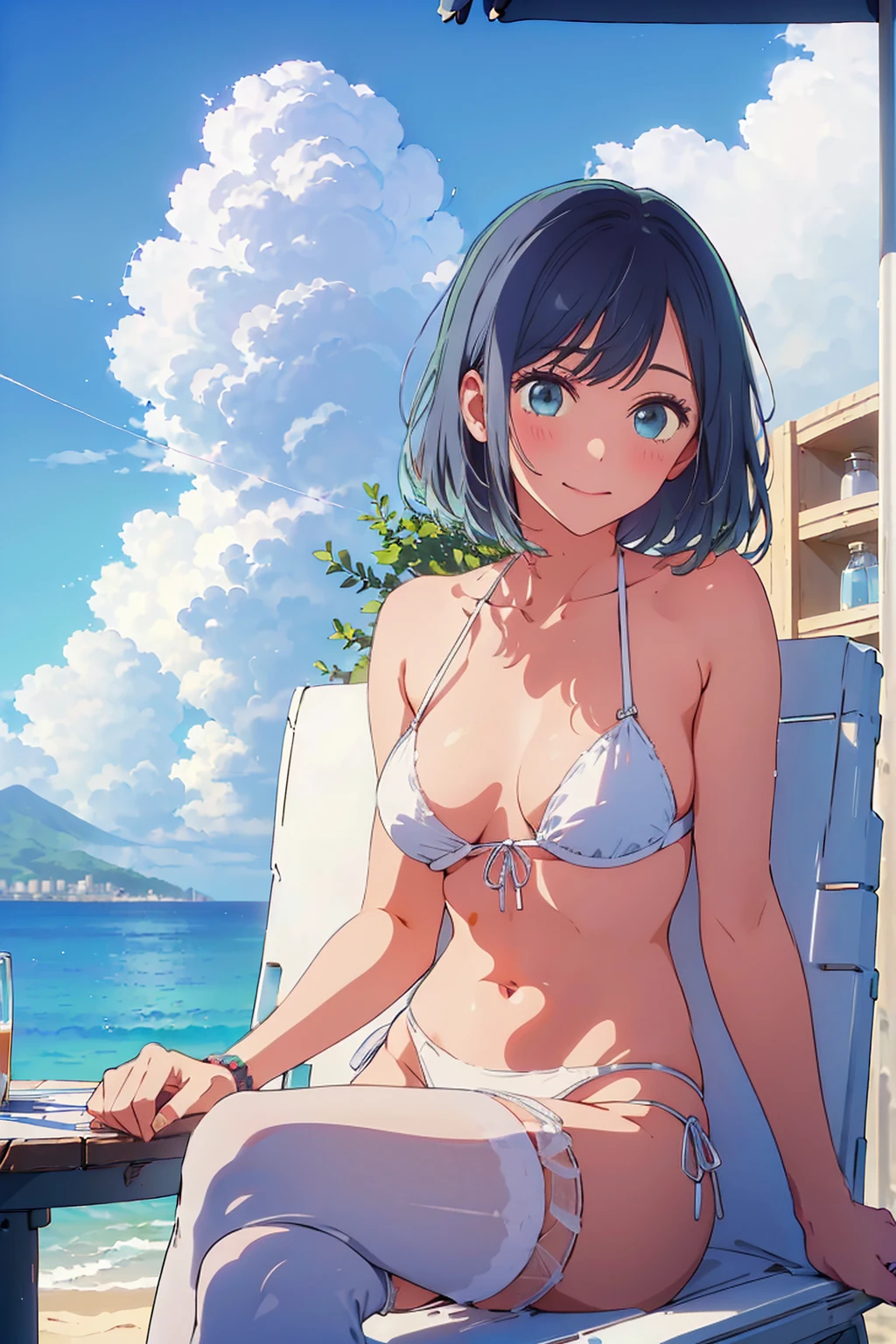 Highest quality,8k,detailed,F cup bust、Big Breasts、Slim and beautiful arms、Slim body、Very white beautiful skin、((((1 person、smile、Swimwear、smile、sit、Leaning back in a chair、In the background are the urban buildings of Tokyo、Outdoor café terrace、coastal、Navy hair color、juice、table、Cheek resting on hand、She is wearing a white side-string high-leg bikini、Very cute face))))、Sexy pose、Very blue sky、A completely cloudless sky、She tilted her head slightly、The atmosphere is bright and lively、The woman is at the center of the image。
