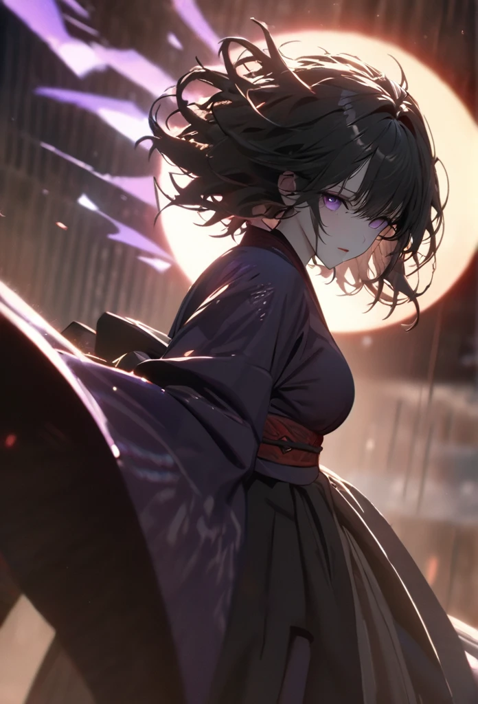 (solo), pitch black hair, messy hair, mane hair, short hair, dense hair, wild hair, expressive hai,(25 year old), pale skin, ((Female)), purple eyes, beautiful girl, wearing a black and purple kimono, beautiful, attractive, huge breast, big ass, Yin, eye reflection, depth of field, thunder aura, cinematic lighting, ray tracing, depth of field, cinematic lighting, ray tracing, UHD, high details, best quality, highres, high quality, award winning, super detail, masterpiece, 8k, UHD, high details, best quality, highres, high quality, award winning, super detail, masterpiece, 8k, digital art, anime coloring, body shot, full body, good face, perfect face, detailed face, good eyes. The background is space. A blackhole in the background.