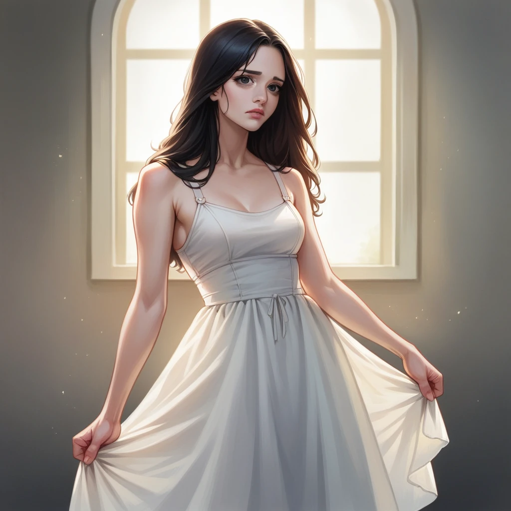 beautiful sad girl with realistic black eyes, pale skin, mid-length black hair, perfect face, perfect eyes, wearing sundress, highly detailed, comprehensive cinematic, digital painting, 8k, cinematic lighting, best quality, highres, detailed work, post-processing, perfect result, hyper realistic
